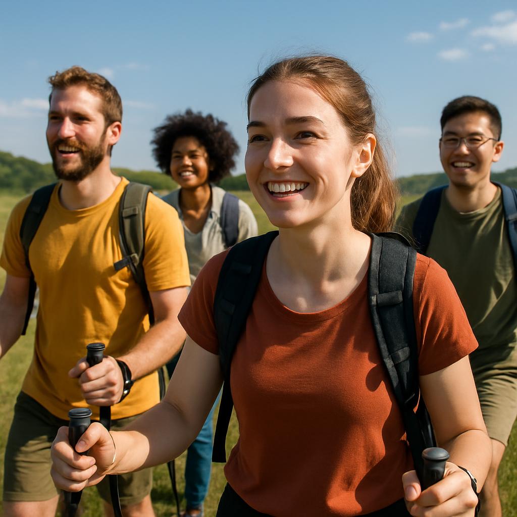 Four people hiking on a sunny day.
