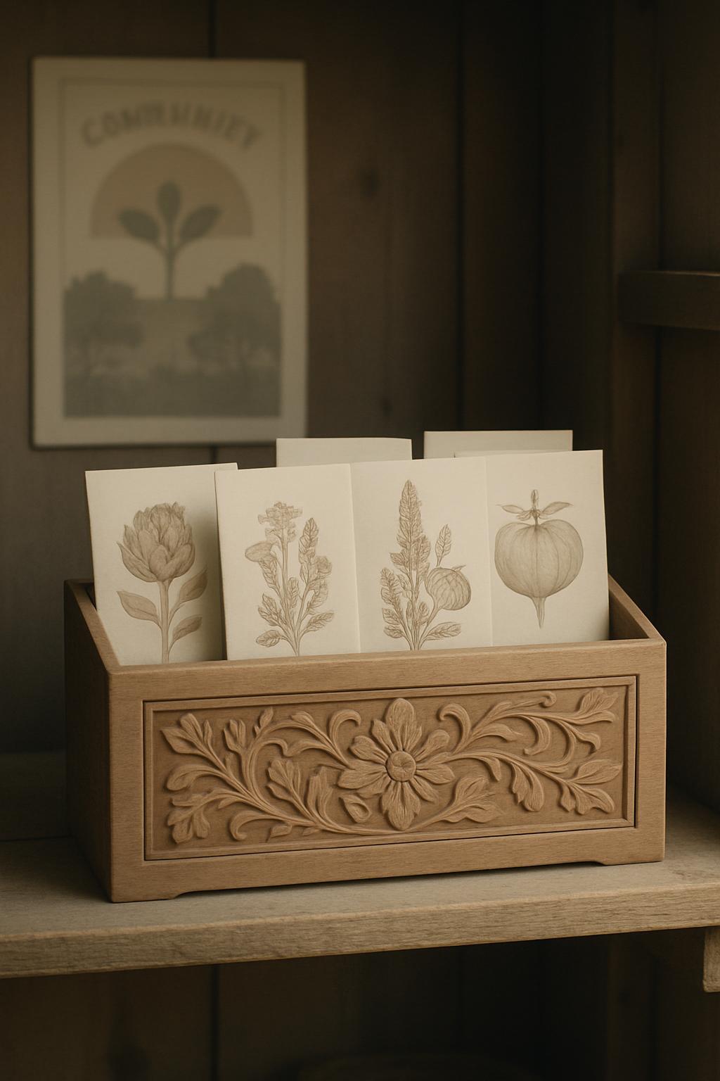This is a wooden box with six drawn cards inside sitting on a table istock_229427508.