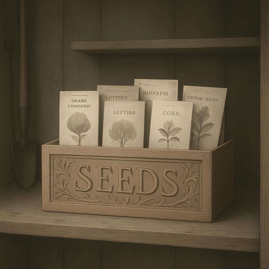 A wooden box labeled 'seeds' containing seed packets sits on a wooden shelf.