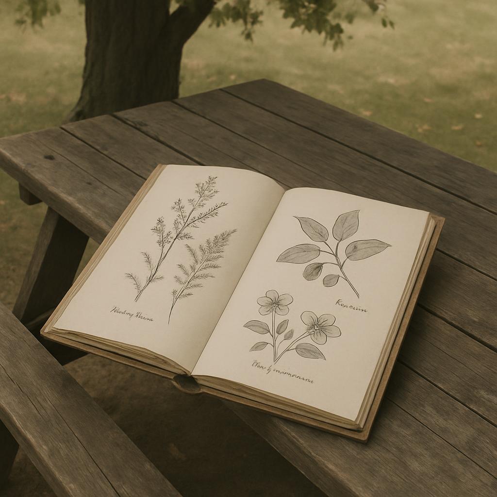 An antique book, laid open atop a rustic wooden picnic table under a canopy of a tree on a sunny day, showcasing dried bot...
