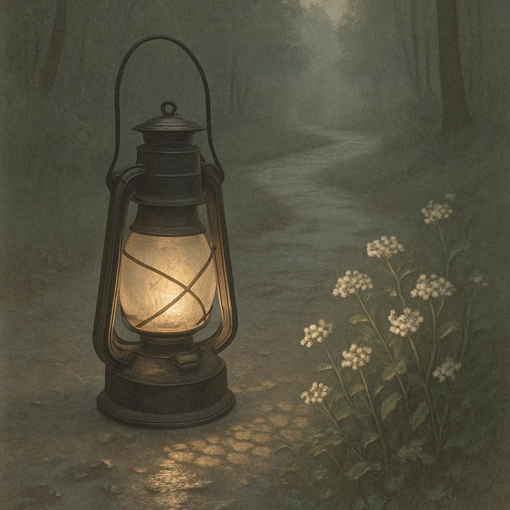 A dimly lit, fantasy forest road inches away from an old lantern in the bottom left of the image. The lampposts bears litt...