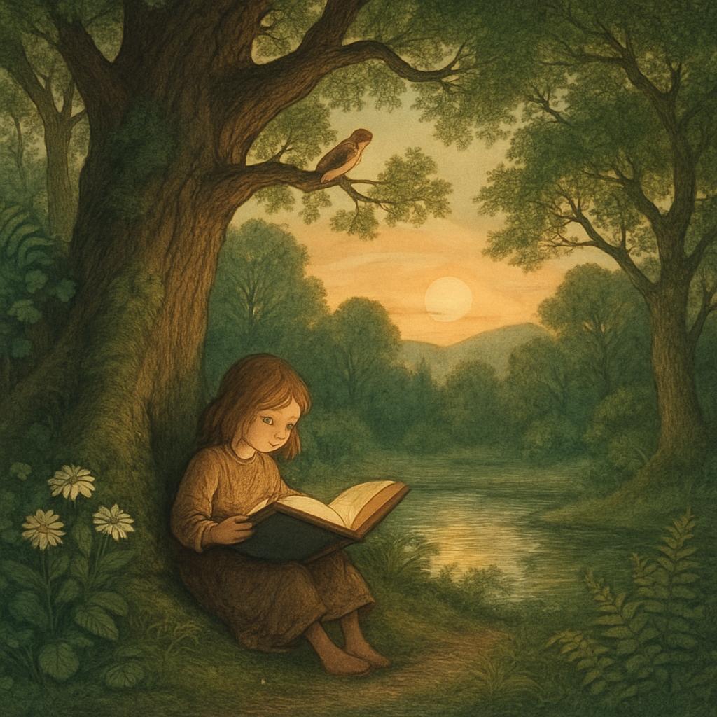 A young girl sits in the shade of a tree, engrossed in reading a book beside a serene body of water, set against the backd...