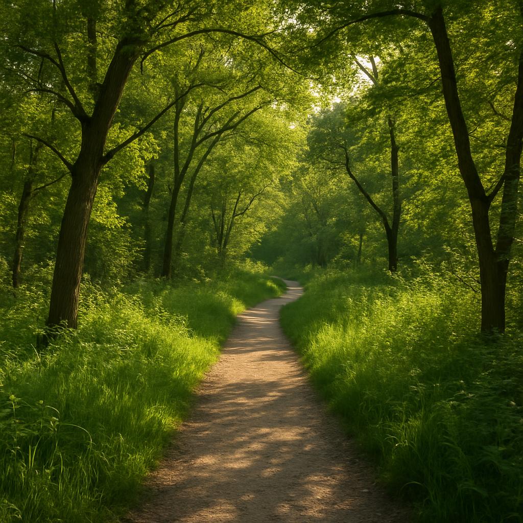 A path through an overgrown forest with tall grasses on either side and numerous trees.